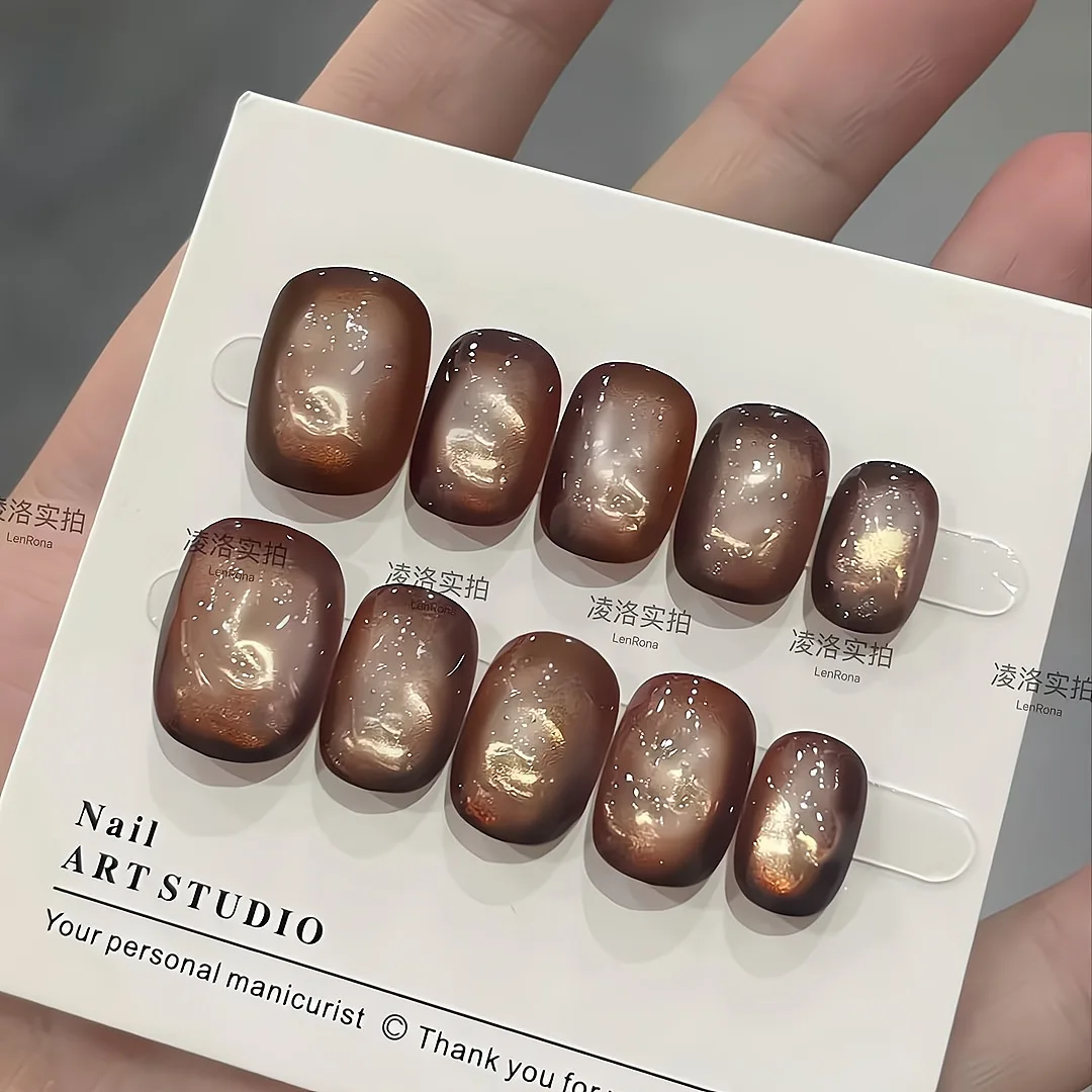 

10pcs Brown Cat Eye Handmade Nails Iced Transparent Shattered Ice Press on Nail Short Square Fake Nail for Women&Girl False Nail