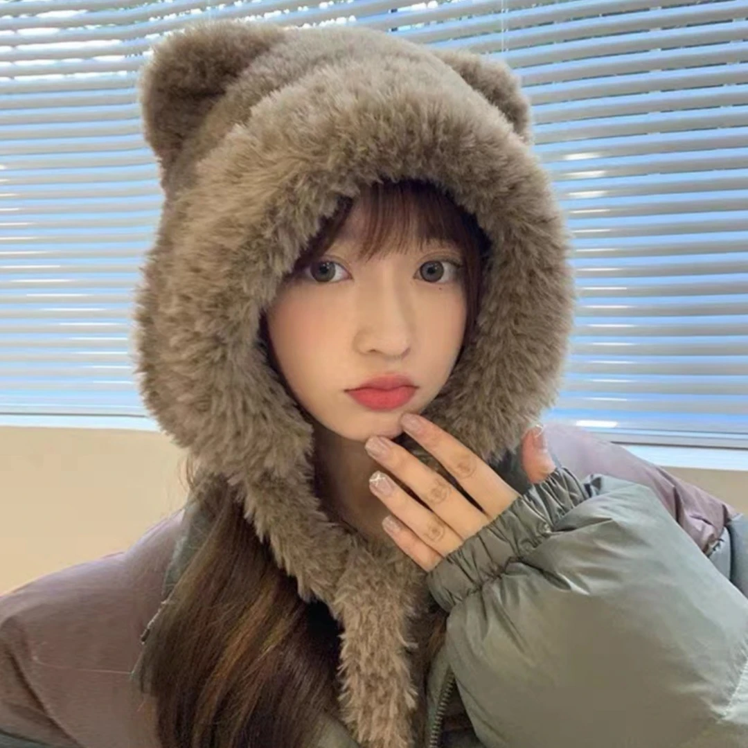 قبعة قطيفة لطيفة منفوشة للنساء قبعة شتوية من القطيفة الناعمة للتنزه في الهواء الطلق في الشتاء #6