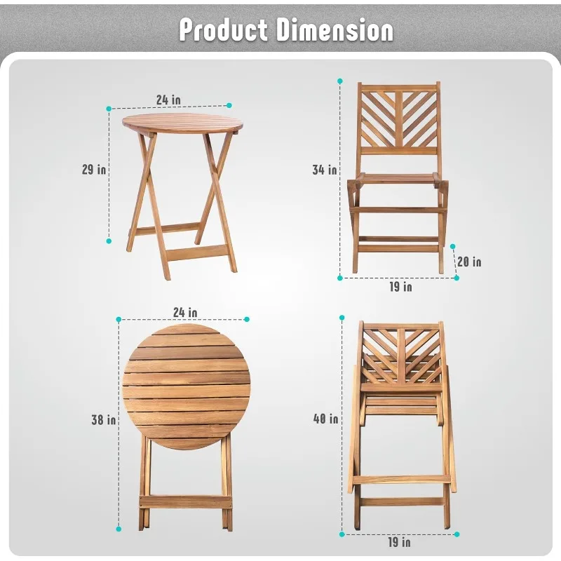 Set Teras Kayu Akasia 3 Bagian, Set Meja dan Kursi Kedai Lipat, Set Furnitur Teras Kecil dengan Tikar