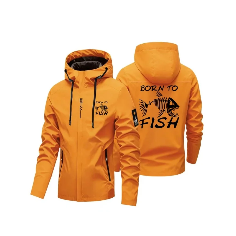 Men Waterproof Windproof Hooded Jacket BORN TO FISH Skeleton Fish Print Outdoor Raincoat for Fishing Hiking Camping