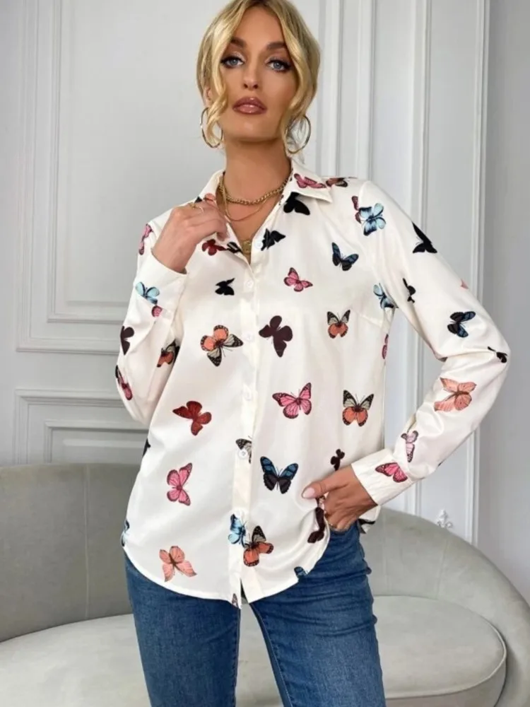 Women Fashion Butterfly Print Shirt Blouse Spring Autumn Turn-down Collar Long Sleeve Button Casual Loose Elegant Ladies Shirts