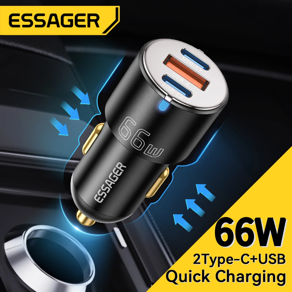 Essager 66W Car Charger Fast Charging Quick Charger QC PD 3.0 For iPhone 14 Type C USB Car Charger For Huawei Samsung