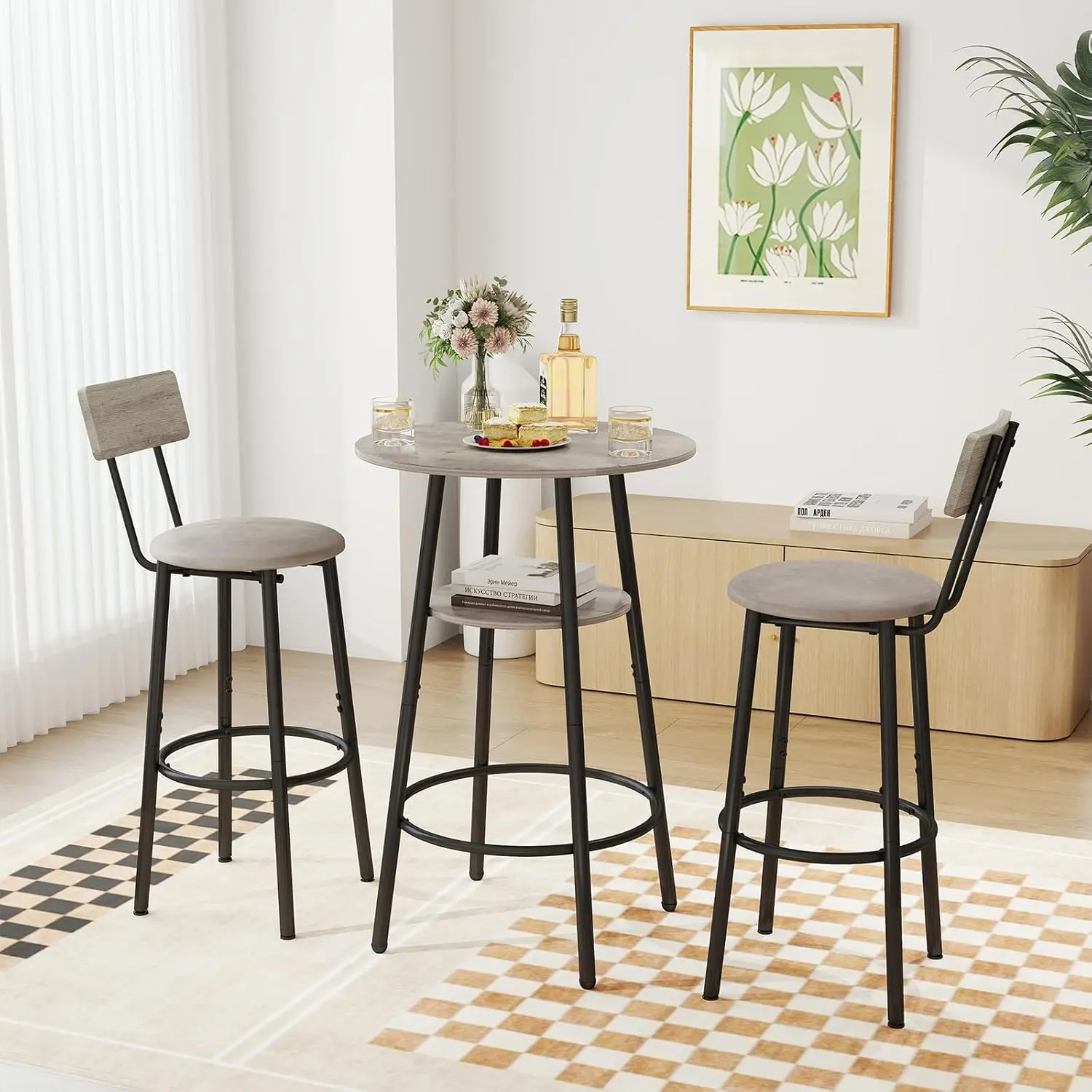 3-Piece Round Bar Table Set with Storage, Modern Kitchen Dining for 2, Includes Upholstered Stools - Grey