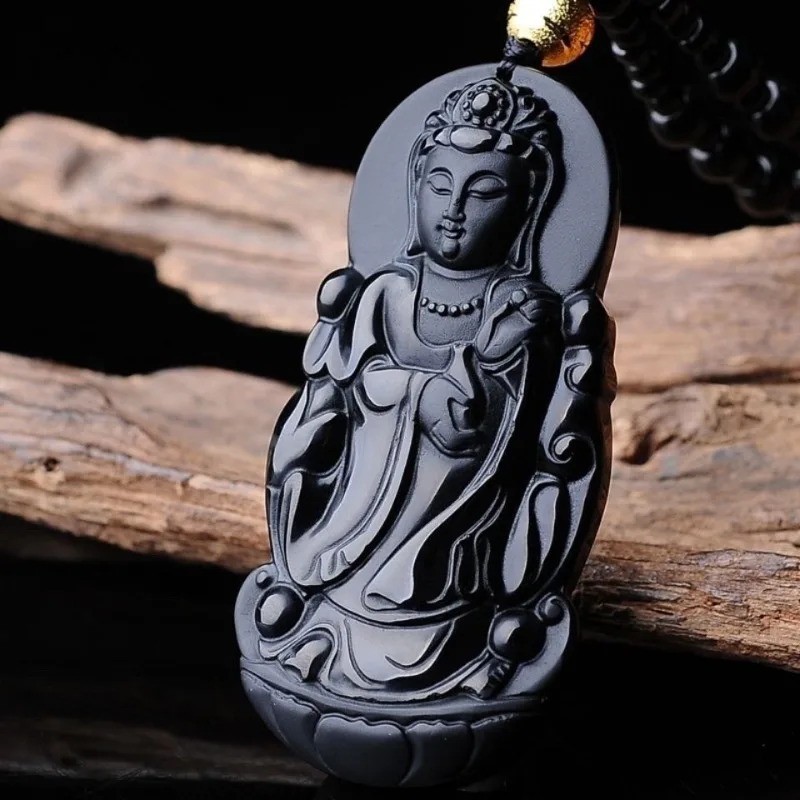 

Натуральный обсидиан Станция Гуаньинь Кулон Ожерелье Свитер Цепочка Ретро (случайный узор)