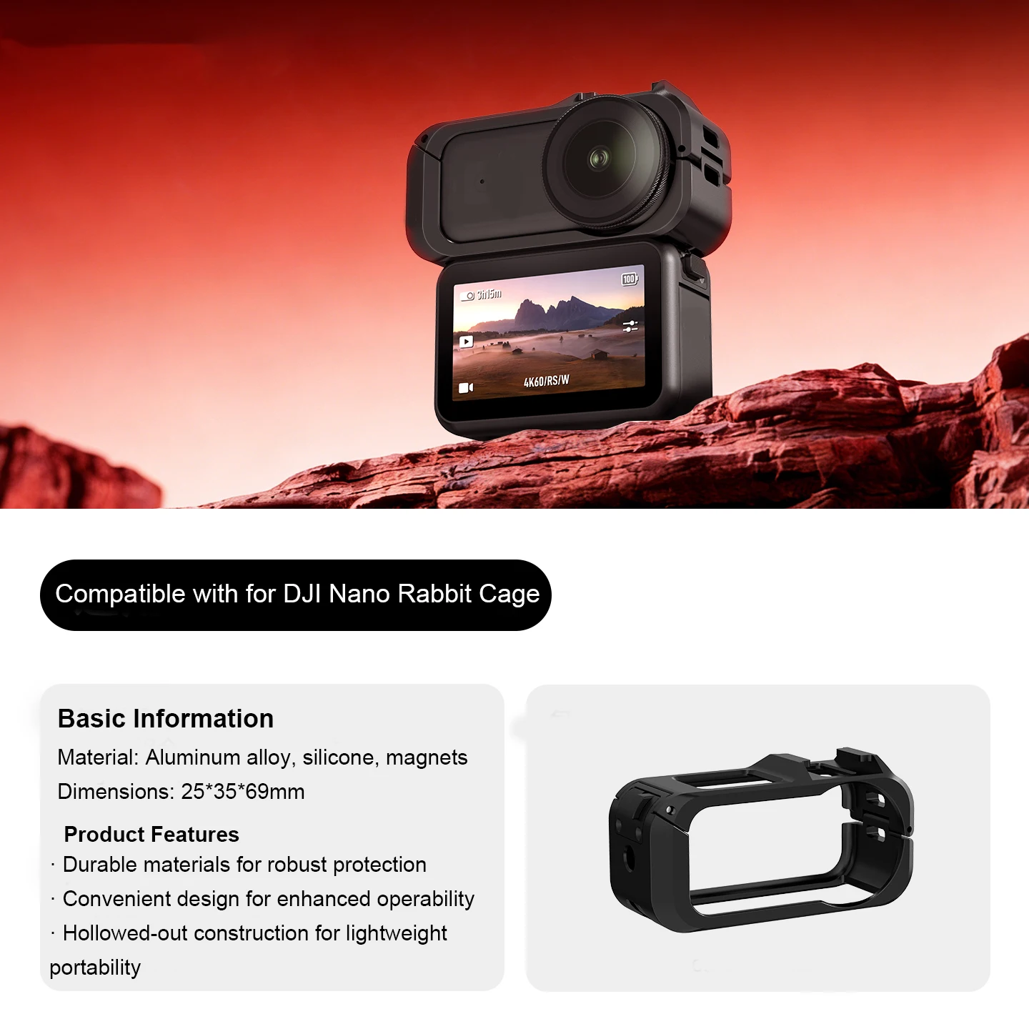 

Aluminum Alloy Cage for DJI Osmo Nano, Protective Cage Compatible for DJI Mic, with a 1/4" Threaded Hole/Quick Release Mount