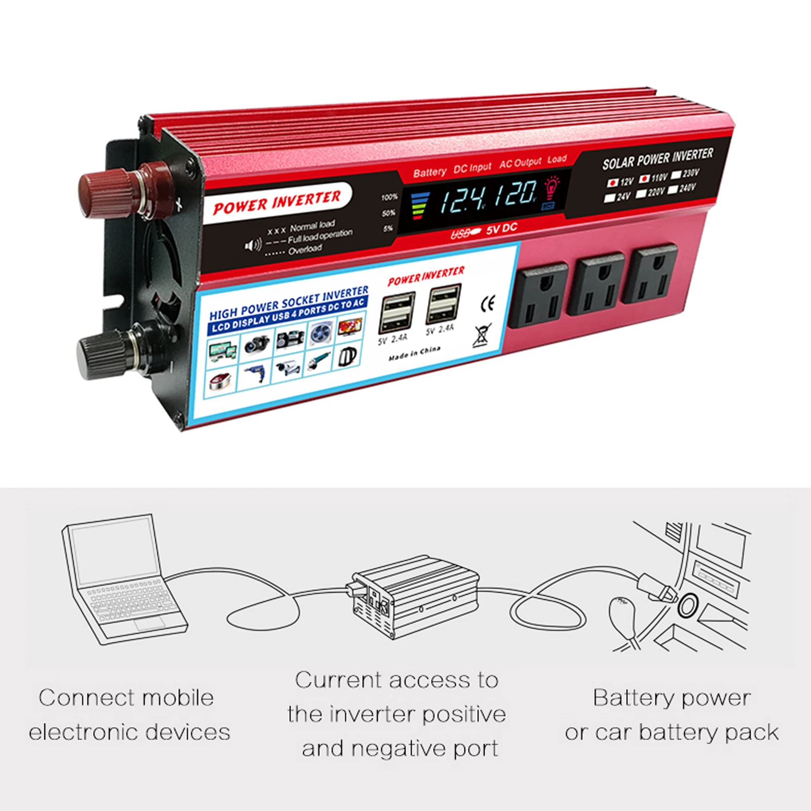 

Solar Power Inverter High Efficiency Sine Wave Inverter Home Car RV Solar Power Converter with LCD Display DC 12V to 110V AC 850