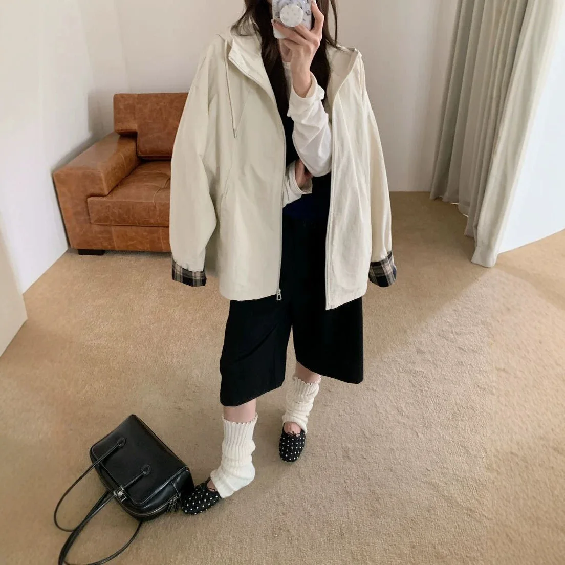 SuperAen Plaid Patchwork Hooded Short Trench Coat for Women Autumn New Korean-style Loose and Casual Zipper Office Lady Coats