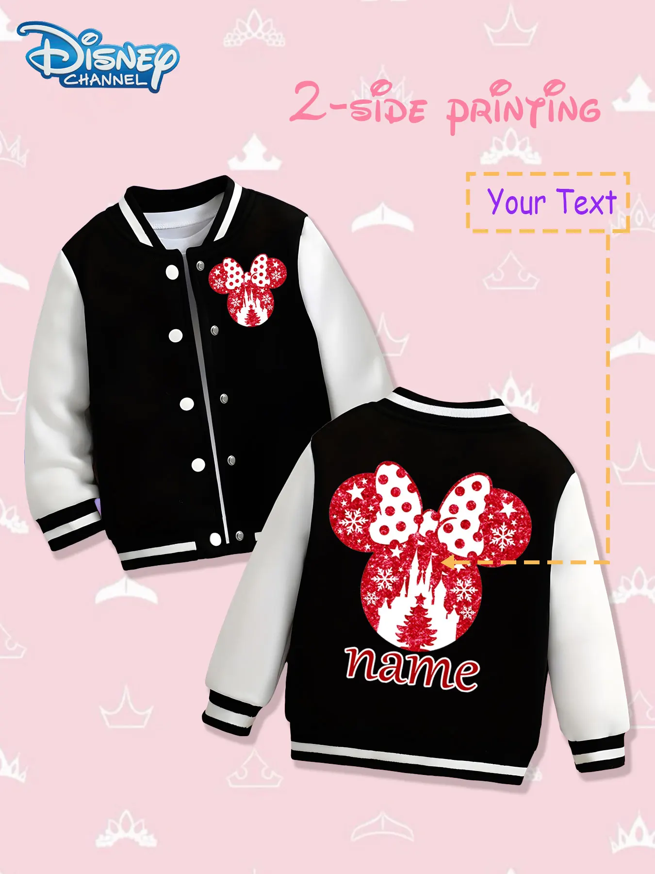 

MINISO Disney Minnie Snowflake Castle Children's Baseball Jacket - double-sided printing, classic red and white color scheme, in