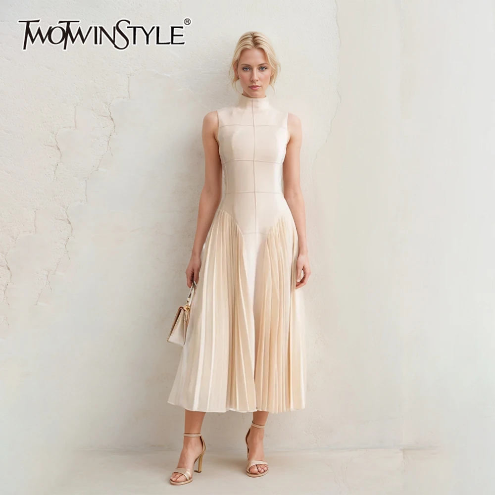 TWOTWINSTYLE Solid Temperament Dresses For Women Stand Collar Sleeveless High Waist Folds Slim Dress Female Fashion Clothes new