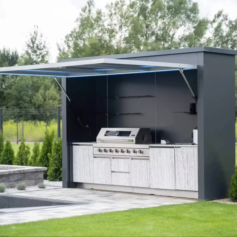 Weatherproof Anti-rustic Outdoor Kitchen Shed with Pizza Oven and Stainless Steel BBQ Pod Plug Powered European Plug Customized