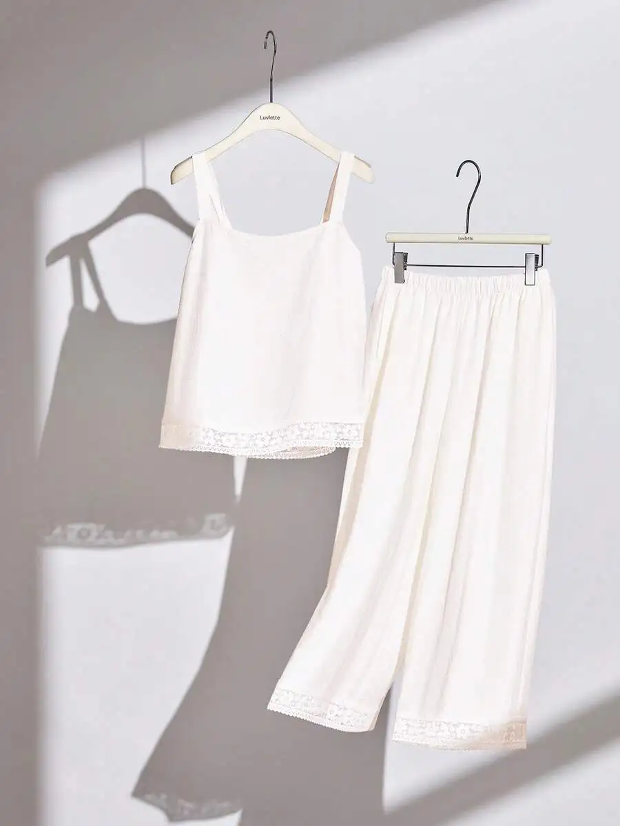 

White Linen Lace Trim Camisole And Wide Leg Pants Lounge Set