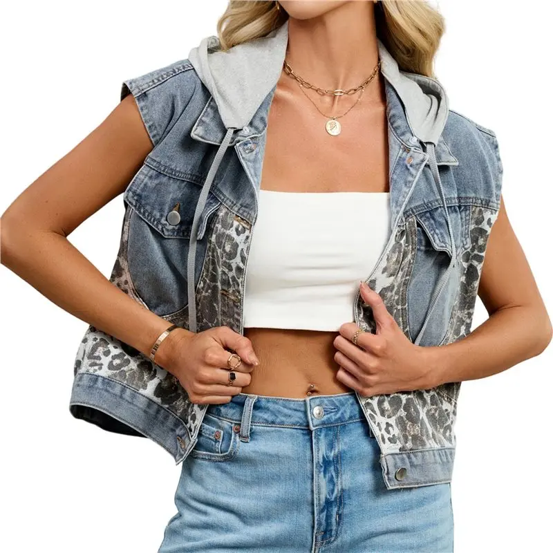 

Женский джинсовый жилет без рукавов с эффектом потертости и съемным капюшоном