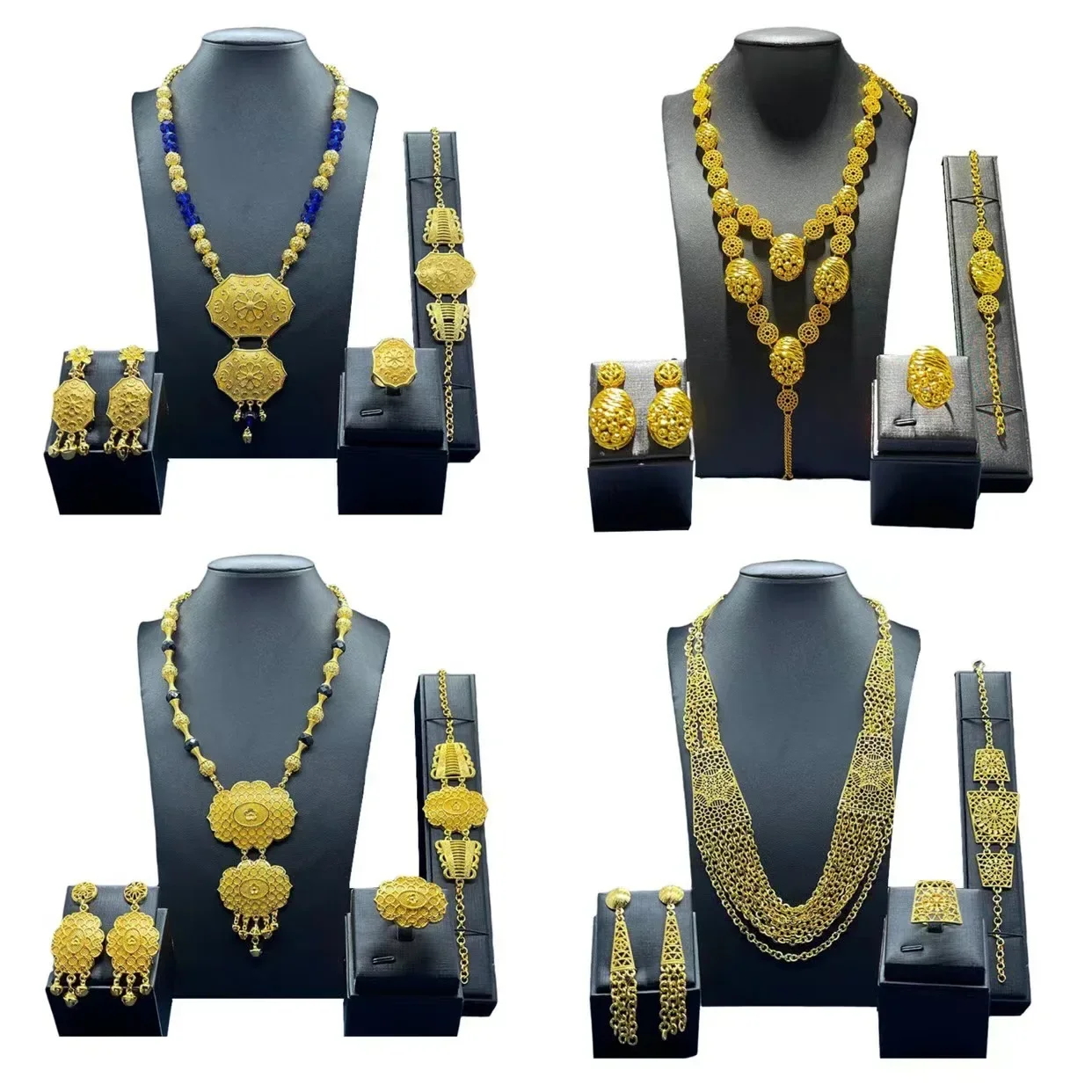 

Indian Gold Plated Jewelry Set Luxury Dubai 24k Gold Color Jewellery Woman Bridal Wedding Necklace And Earing Moroccan