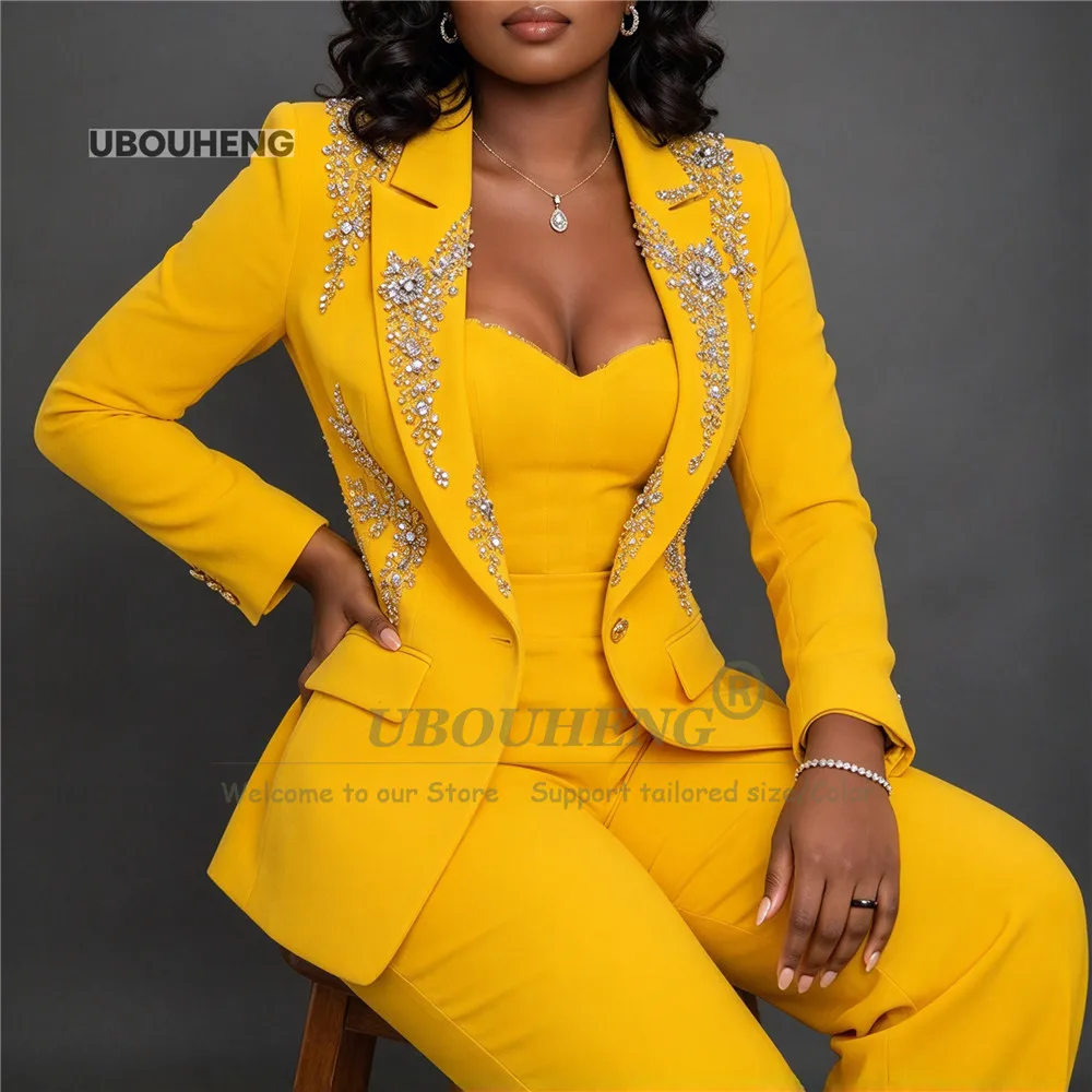Women's Suit Plus Size Crystals Beading Lapel Single Breasted Blazer Pants Female Outfit Customized 2 Pcs Groom's Mother Tuxedos