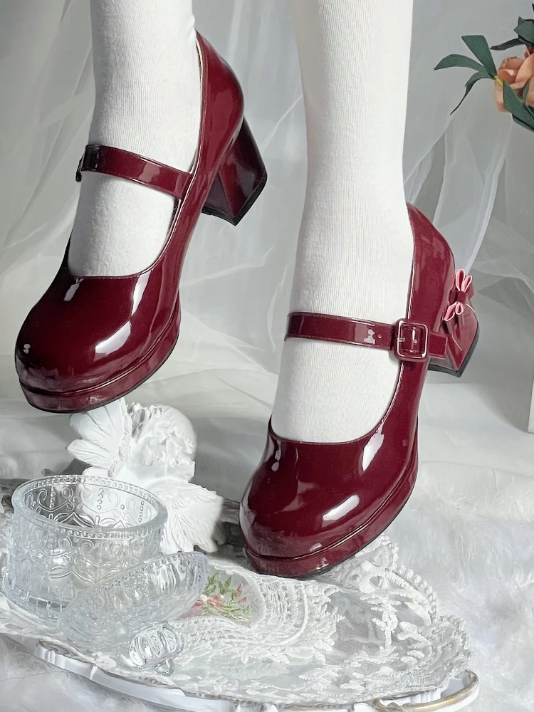 Japanese Sweet Lolita Original High Heel Shoes Round Toe Platform Thick Heel Bow Elegant Women's Shoes