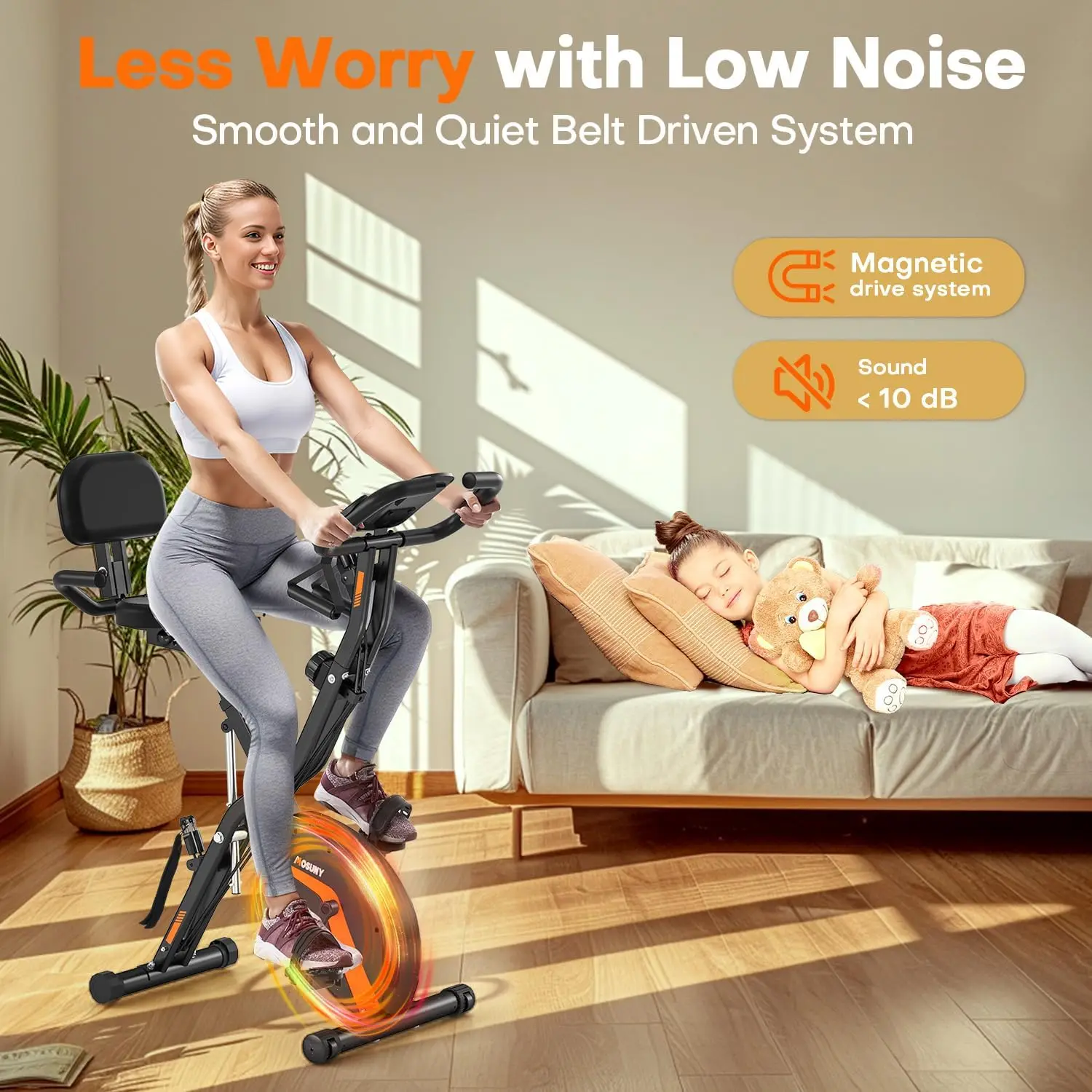 Bici, bici stazionaria MOSUNY 5-in-1 con cyclette pieghevole Super silenziosa da 10db con Res magnetici regolabili a 16 livelli