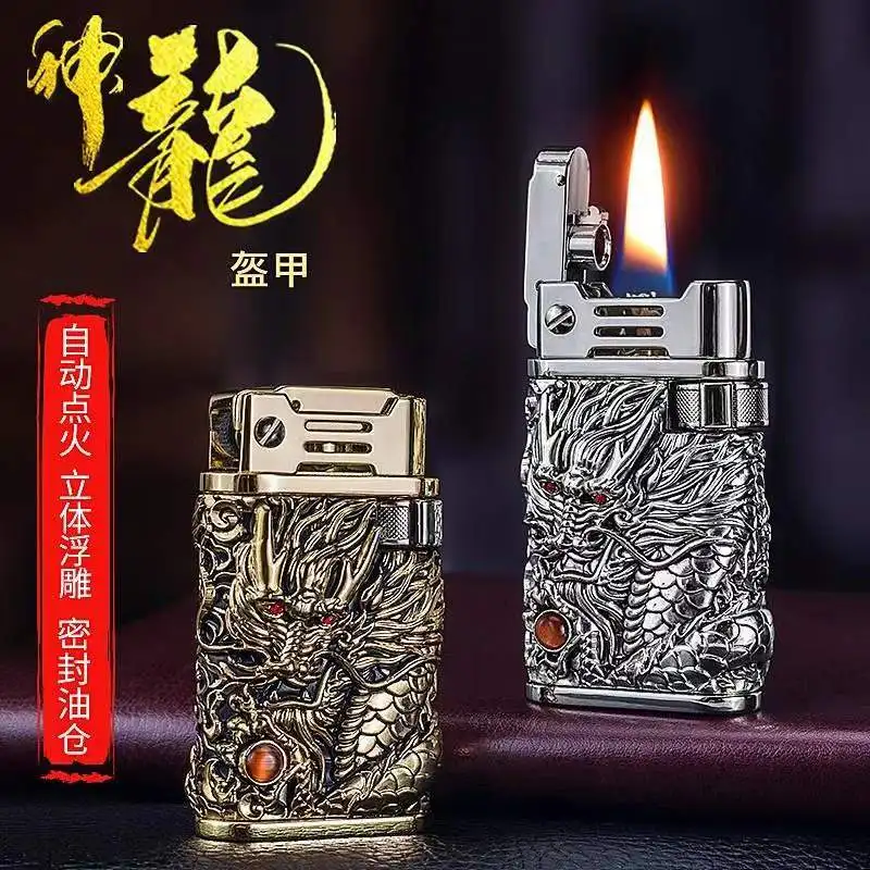 2022 New Dragon Relief Kerosene Lighter Automatic Ejection Side Slip Grinding Wheel Gasoline Lighter Men's Exquisite Gift