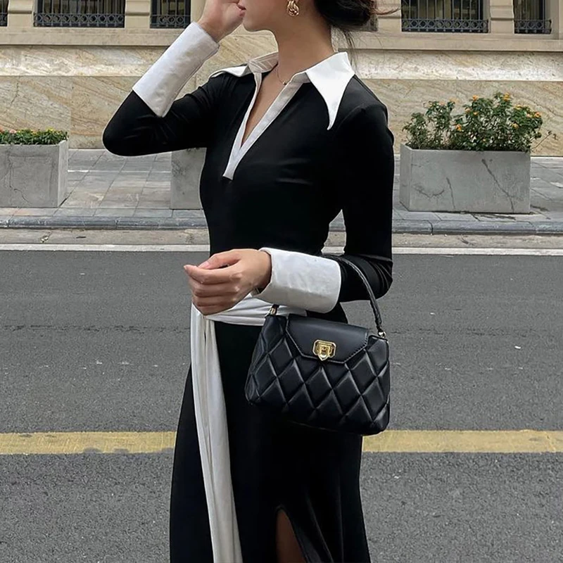 

OMSJ модное длинное платье с контрастными лацканами для женщин, осеннее уличное платье с длинными рукавами и складками на бретельках, макси-платья с высокой талией и разрезом