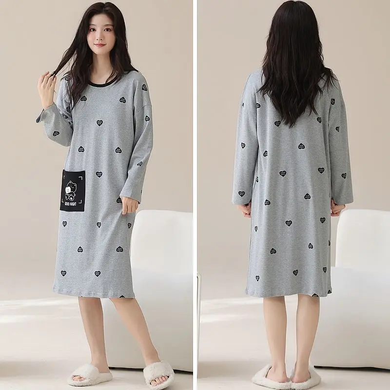 

Women's Long Sleeve Nightdress Fall Spring Lightweight Nightgown Cartoon Print Loungewear Home Dress Comfortable Sleepwear