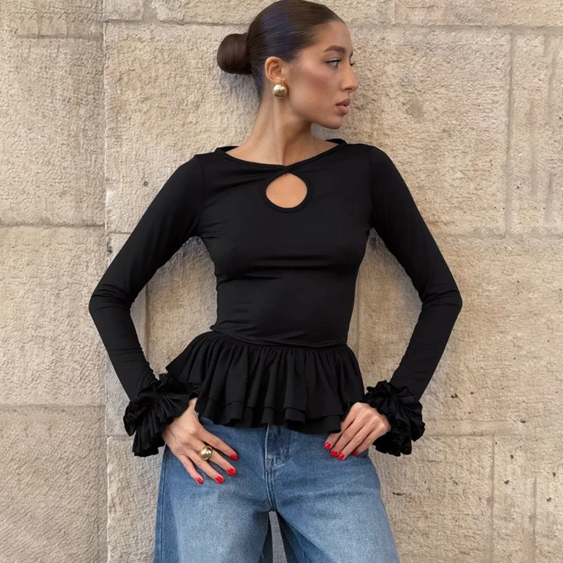 

Talenza Black Ruffled T-Shirts Fashion Elegant Ruffled Lace-up Patchwork Sexy Hollow Out Tops Casual Party Vintage Women's Tops