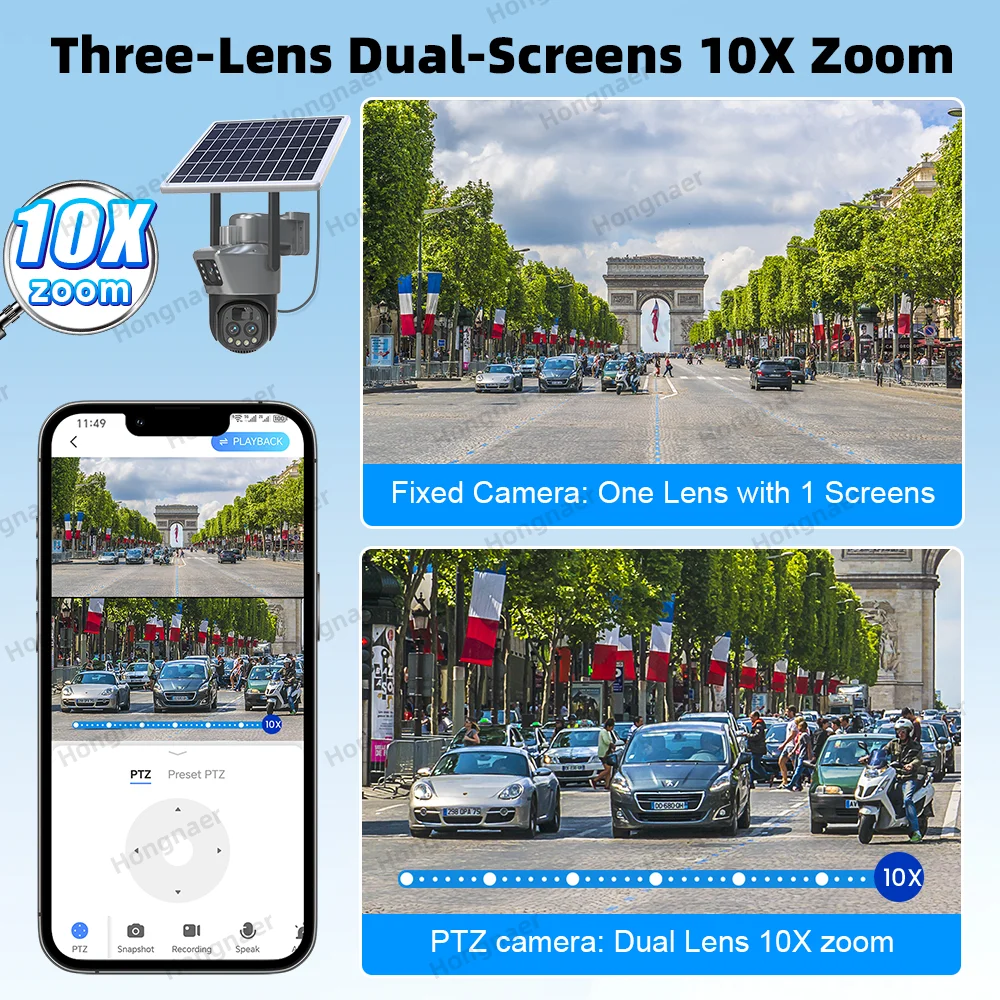 Hongnaer 12MP 6K 3 Lens 10X Zoom Wireless Solar Panel Powered IP PTZ V380 Pro Network Outdoor Security WiFi Solar CCTV Camera