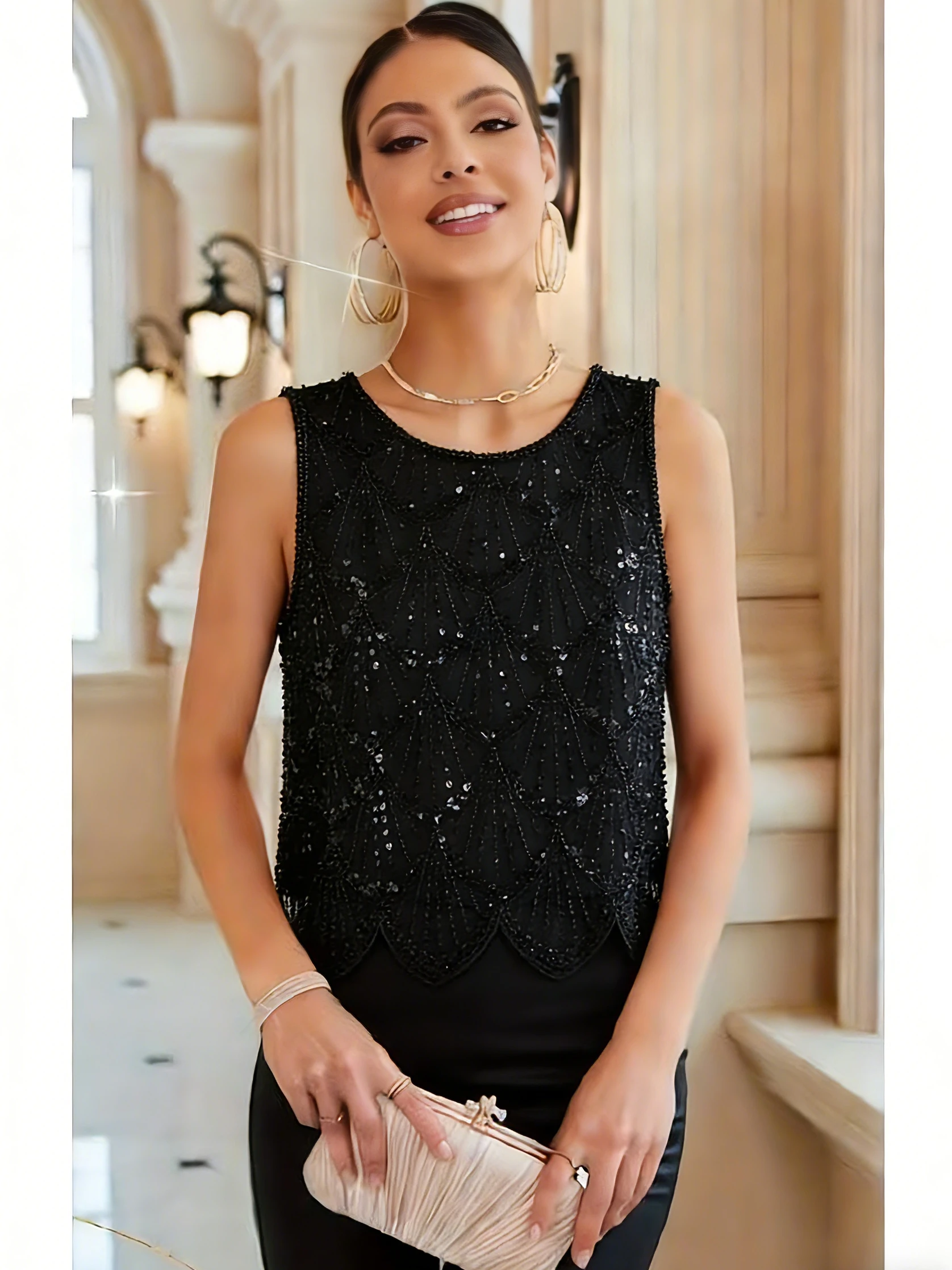 Ladies' Elegant Party Top - Sparkling Sequin Sleeveless Shirt, Perfect for Daily Wear, Featuring Shimmering Sequins, Perfect for