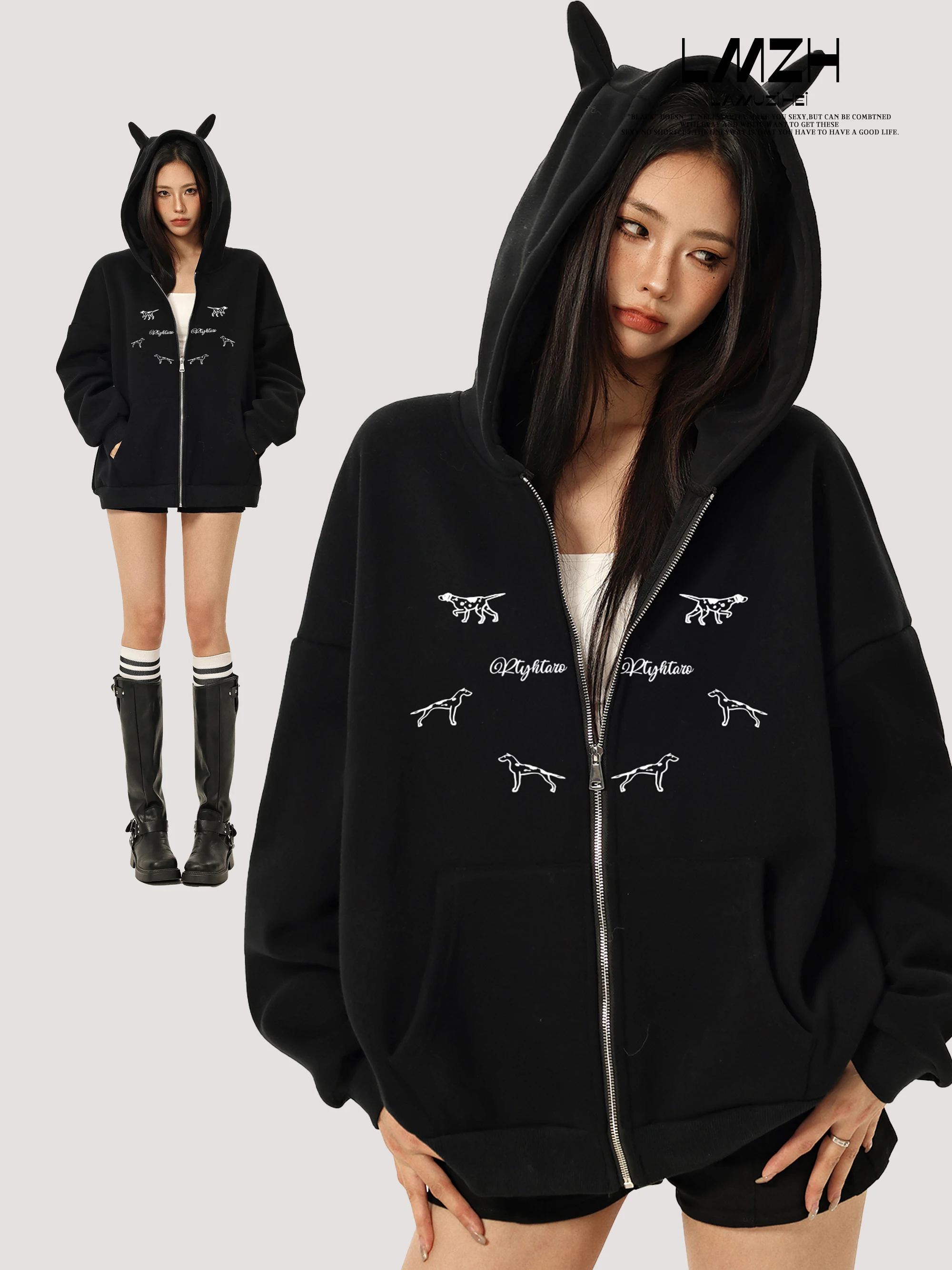 

Женская толстовка LmziHei American Sle свободного кроя с капюшоном и ушками дьяволёнка, весенняя, на молнии, утягивающая, открытый кардиган