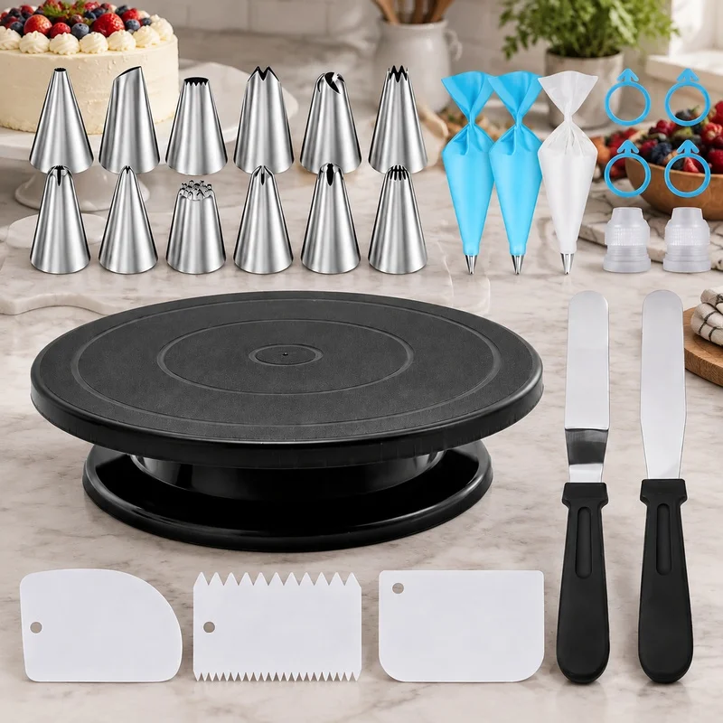 Complete 76-Piece Cake and Cookie Decorating Kit with Rotating Non-Slip Turntable, Perfect for DIY Baking Enthusiasts and