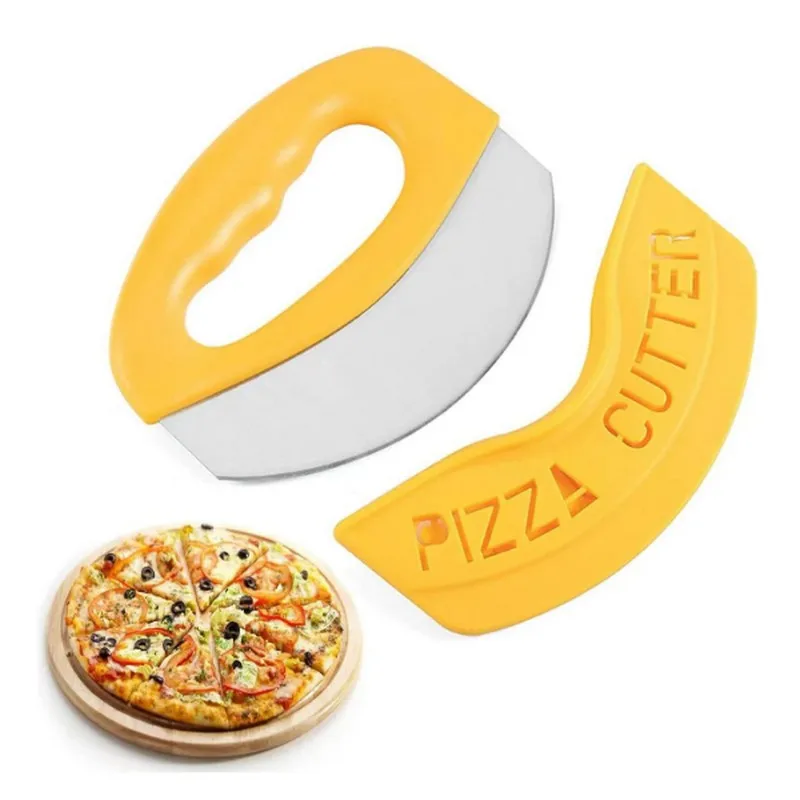 

Kitchen stainless steel pizza cutter with protective cover, food cutting tool for herbs and cheese, baking accessory.