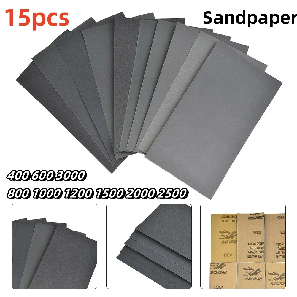 15Pcs/Set Sandpaper 400 600 3000 800 1000 1200 1500 2000 2500 Grit Sandpaper Wet/Dry Car Paint Scratch Polishing Sanding