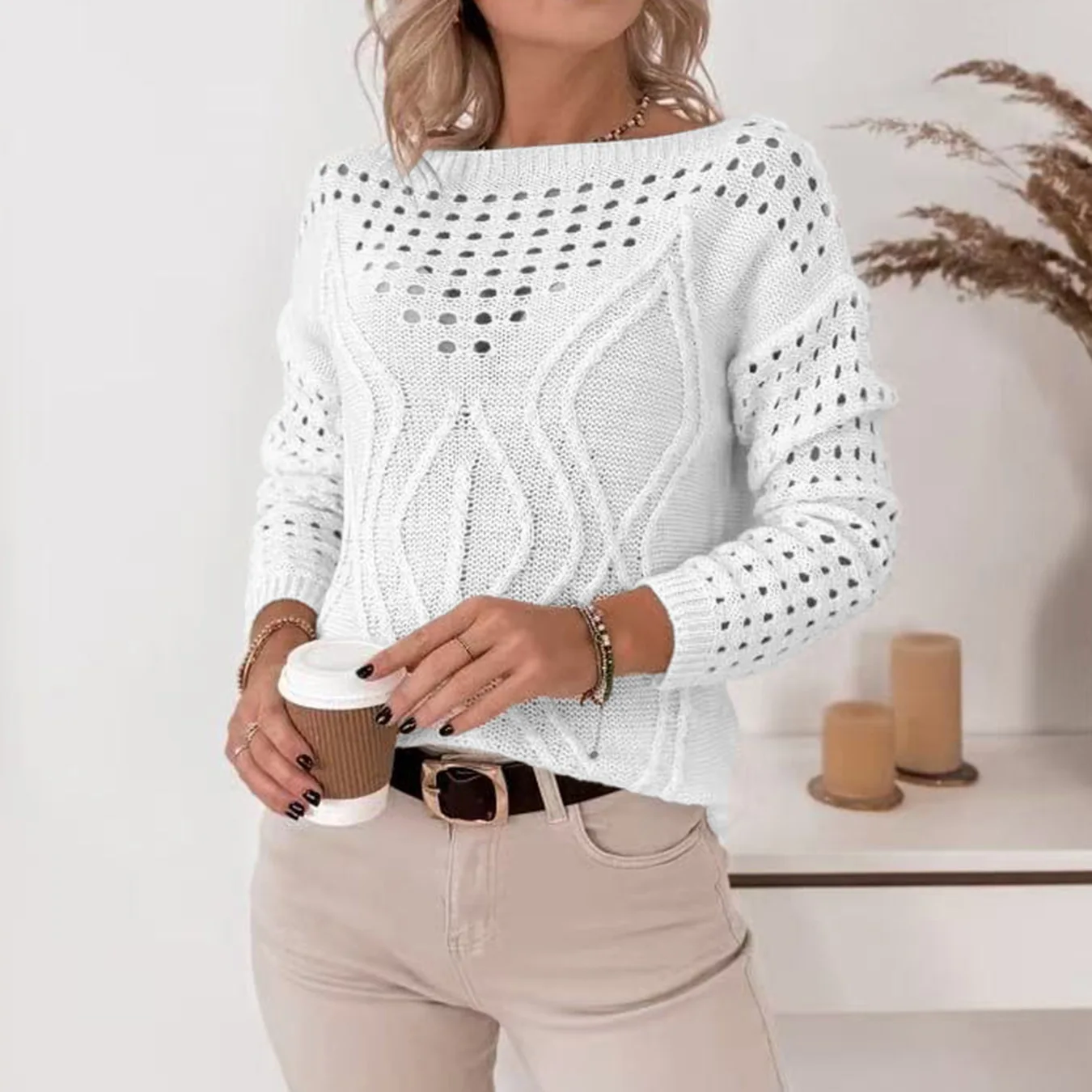 Women Pullovers Sweaters Solid Top Round Neck Full Sleeve Jumpers Hollow Out Y2k Streetwear Elegant Splice Knit Tops Autumn