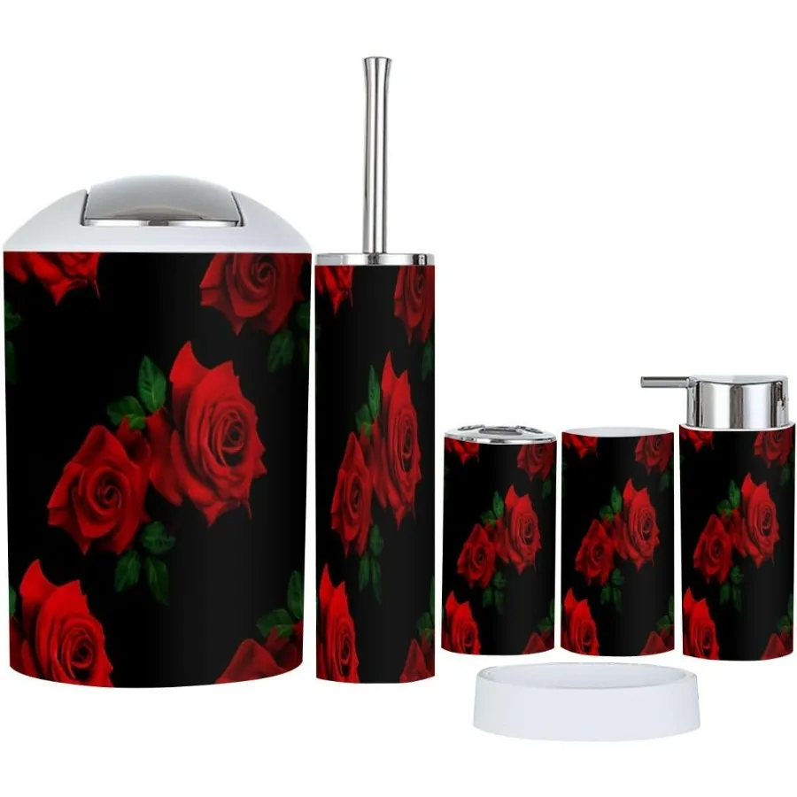 

Bathroom Accessory Set 6 Piece Beautiful Pattern Red Roses Black Toothbrush Holder Toothbrush Cup Soap Dispenser Soap Dish Toil