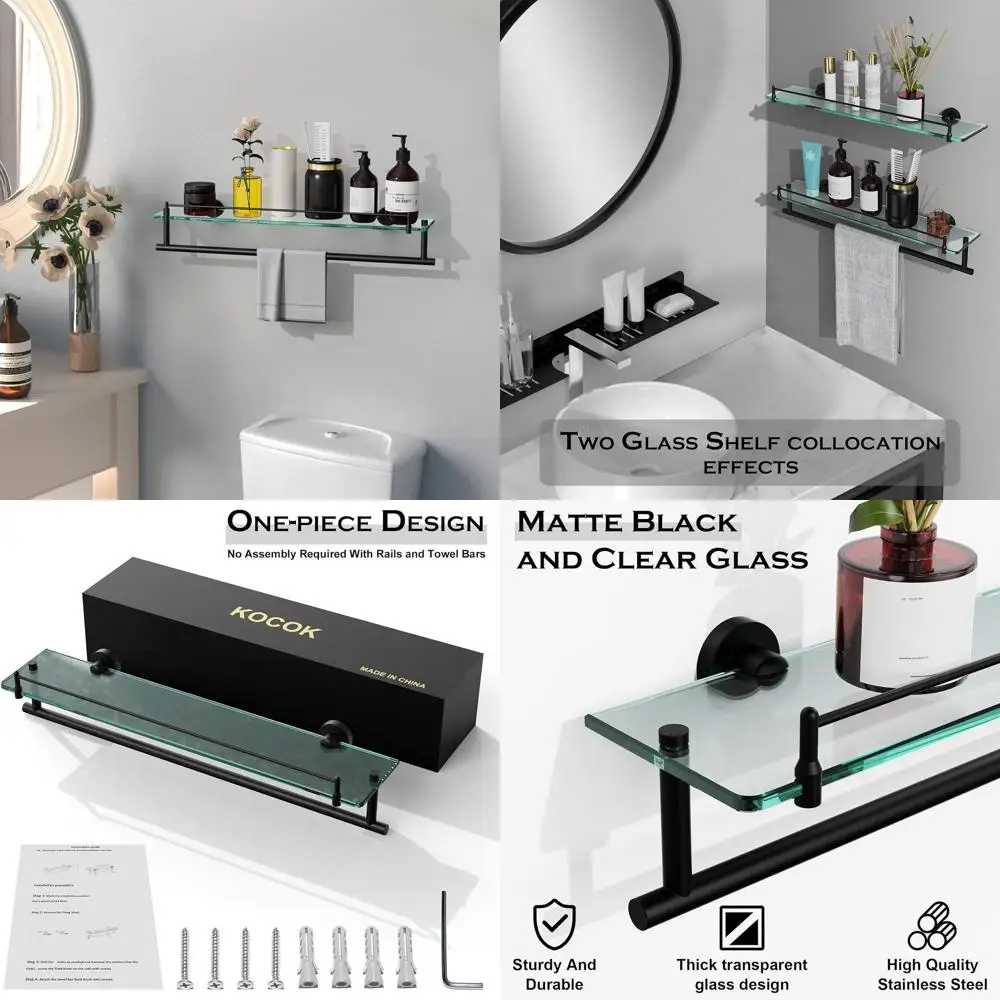 

24 Inch Matte Black Floating Wall Mount Tempered Glass Shelf for Bathroom Storage