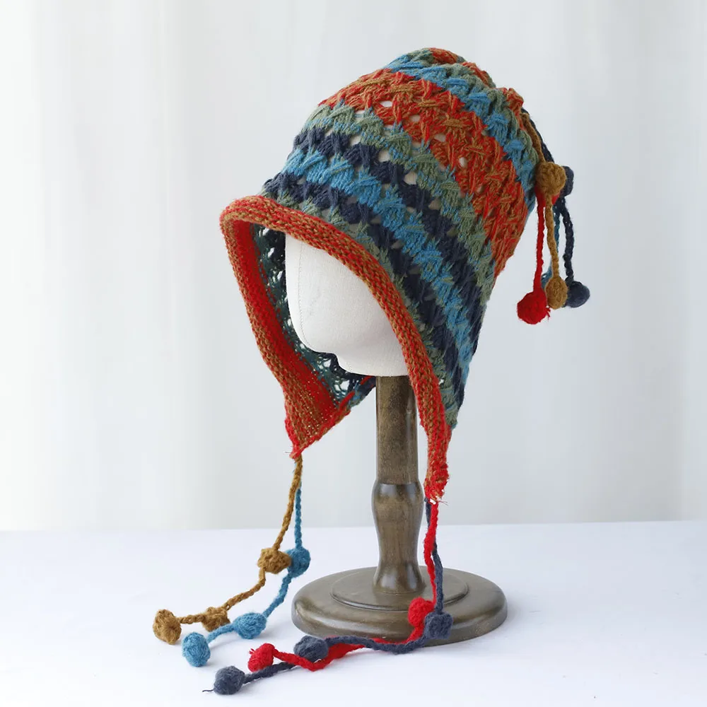 Women Winter Ear Protection Hat Rainbow Color Striped Knitted Earmuff Beanie Soft Crochet Ladies Outdoor Windproof Warm Bonnet