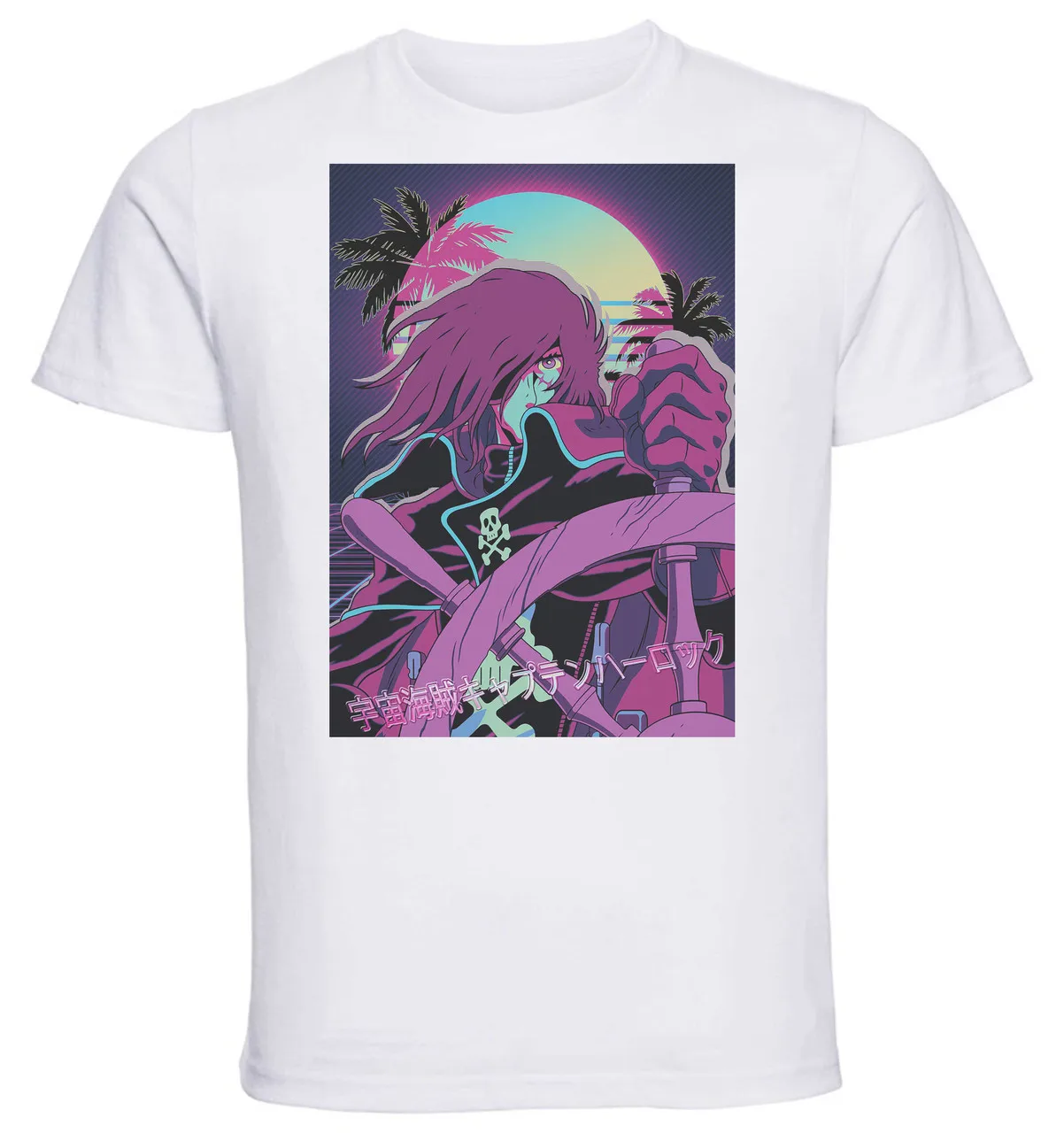 T-Shirt Unisex White Vaporwave 80s Style Captain Harlock