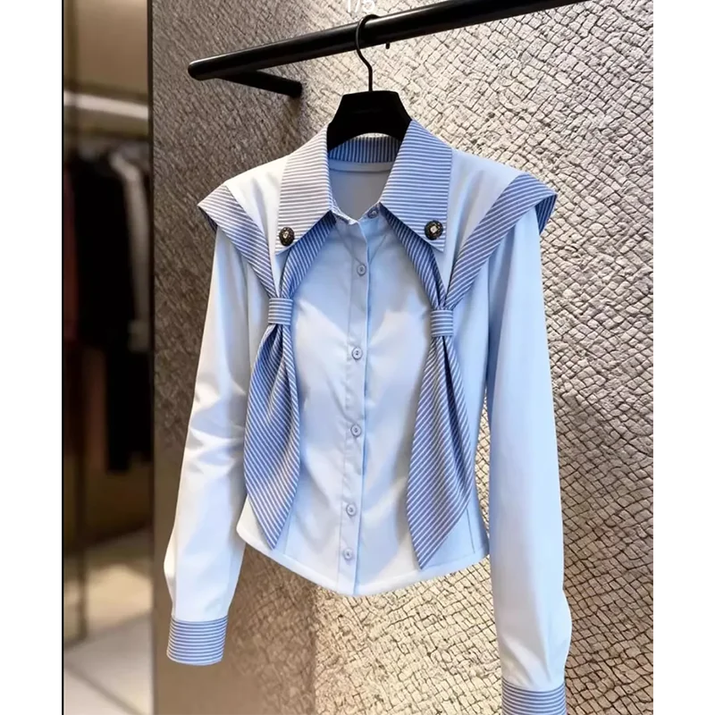Korean Style Premium Commute Simple Blue Top Women Early Spring Shoulder Design Slimming Fashion Age-Defying Long Sleeve