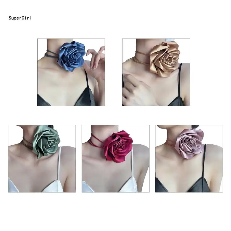 Big Rose Flower Choker Necklace Long Strap Collar Choker Body Chain Temperament Neckband Jewelry Clavicle Chain Necklace