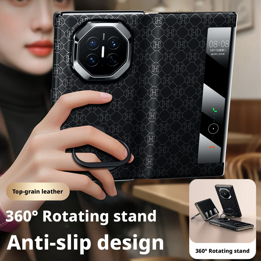 Premium Supercar Interior Genuine Leather Case For Huawei Mate XT2 360° Rotating Stand Smart Window Hinge Lens Protection Cover