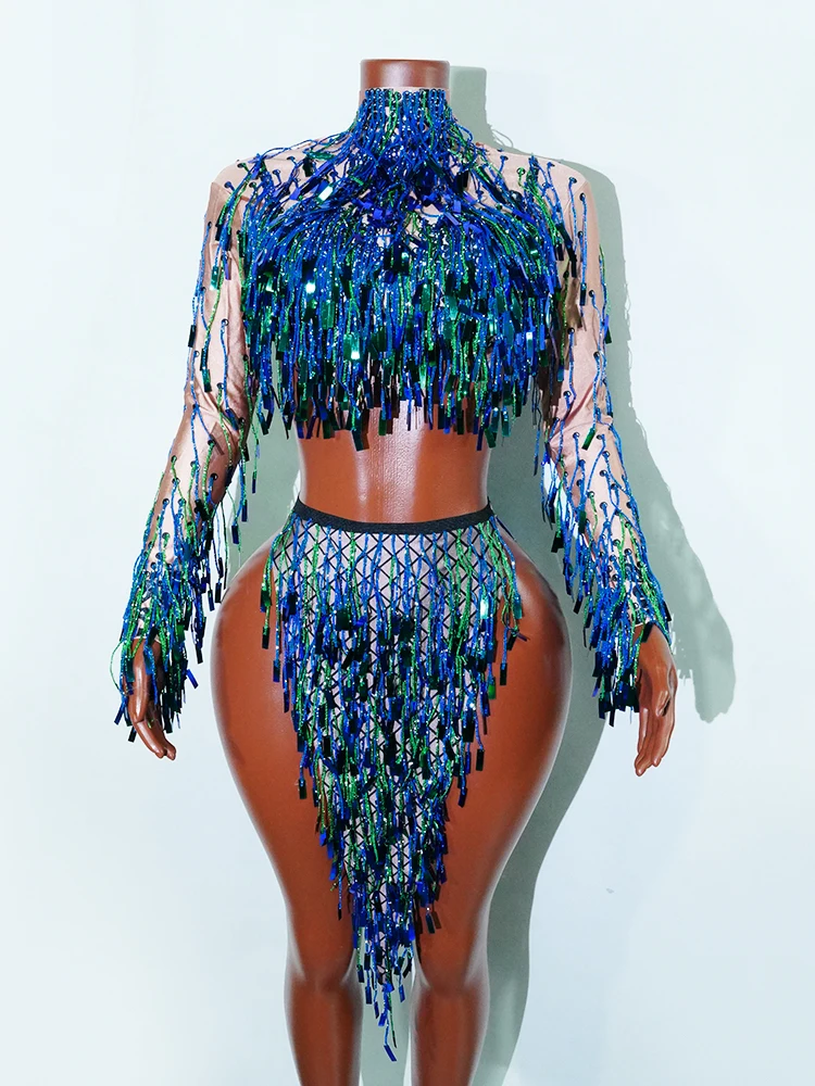 

Flashing Silver Sequins Fringe Split Dress Women Nightclub Dance Costume Performance Stage Show Clothes Birthday Rave dj Outfit