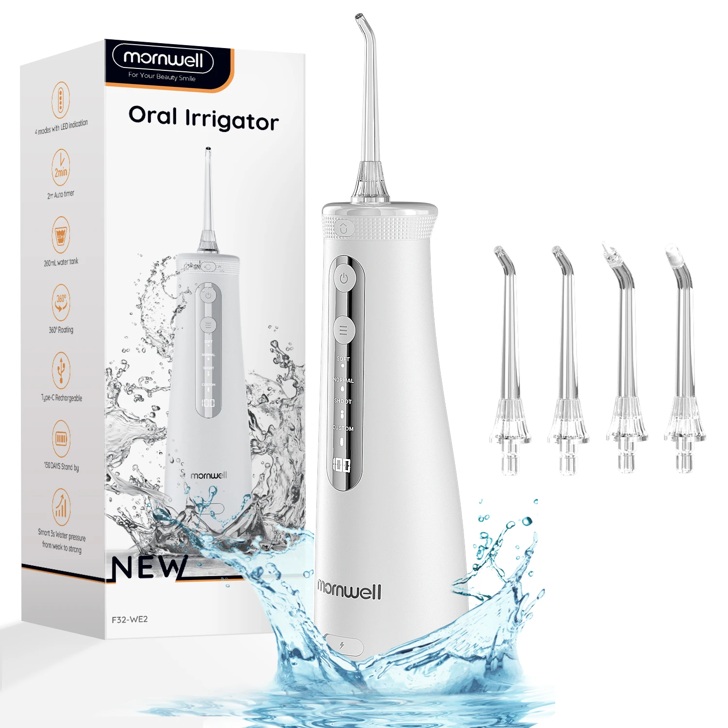 Flosser dentaire à eau sans fil F32, irrigateur buccal Portable et Rechargeable, réservoir de 260ML, étanche IPX7, batterie puissante, choix dentaires