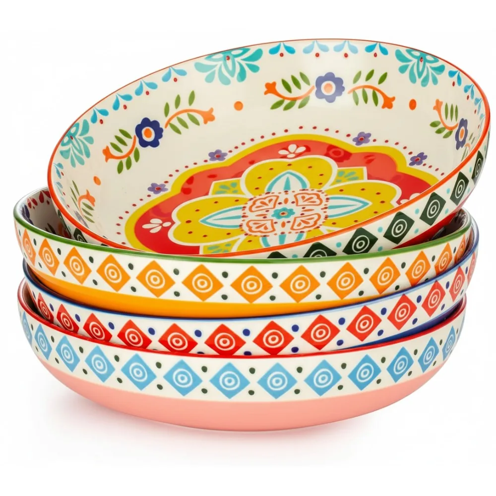 

Colorful Handpainted Ceramic Pasta Bowls Set of 4 Large 36oz Shallow Dinner Plates for Family Dining