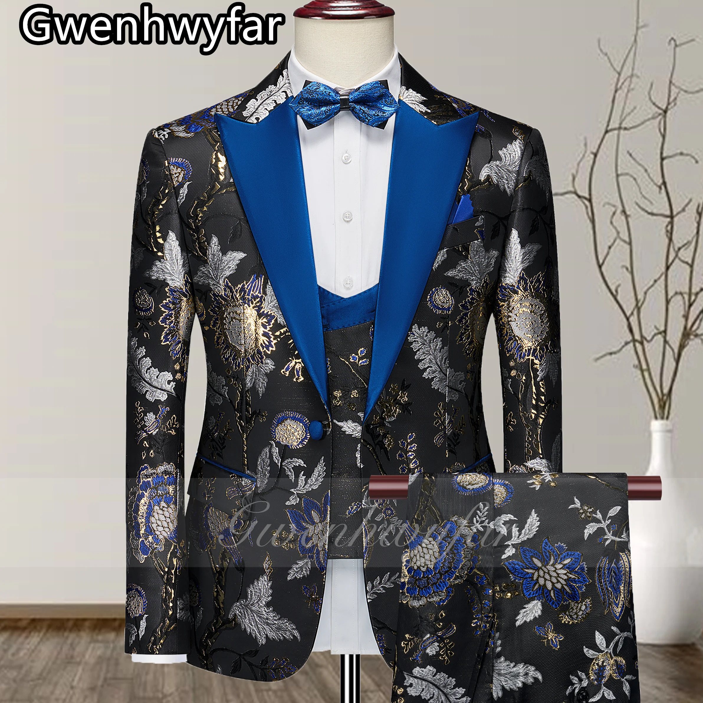 

Gwenhwyfar 2026 Customized New High Quality Black Flower Suit Dark Blue Lapel Dinner Best Men's Suit 3-Pieces Set Daily Formal
