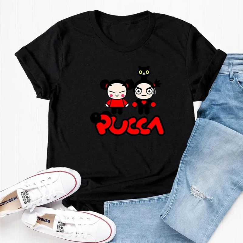 Pucca and Garu Cute Love Cat T Shirt Women Cotton Short Sleeve Print Tshirt Funny Cartoon Graphic T Shirts Woman Clothing