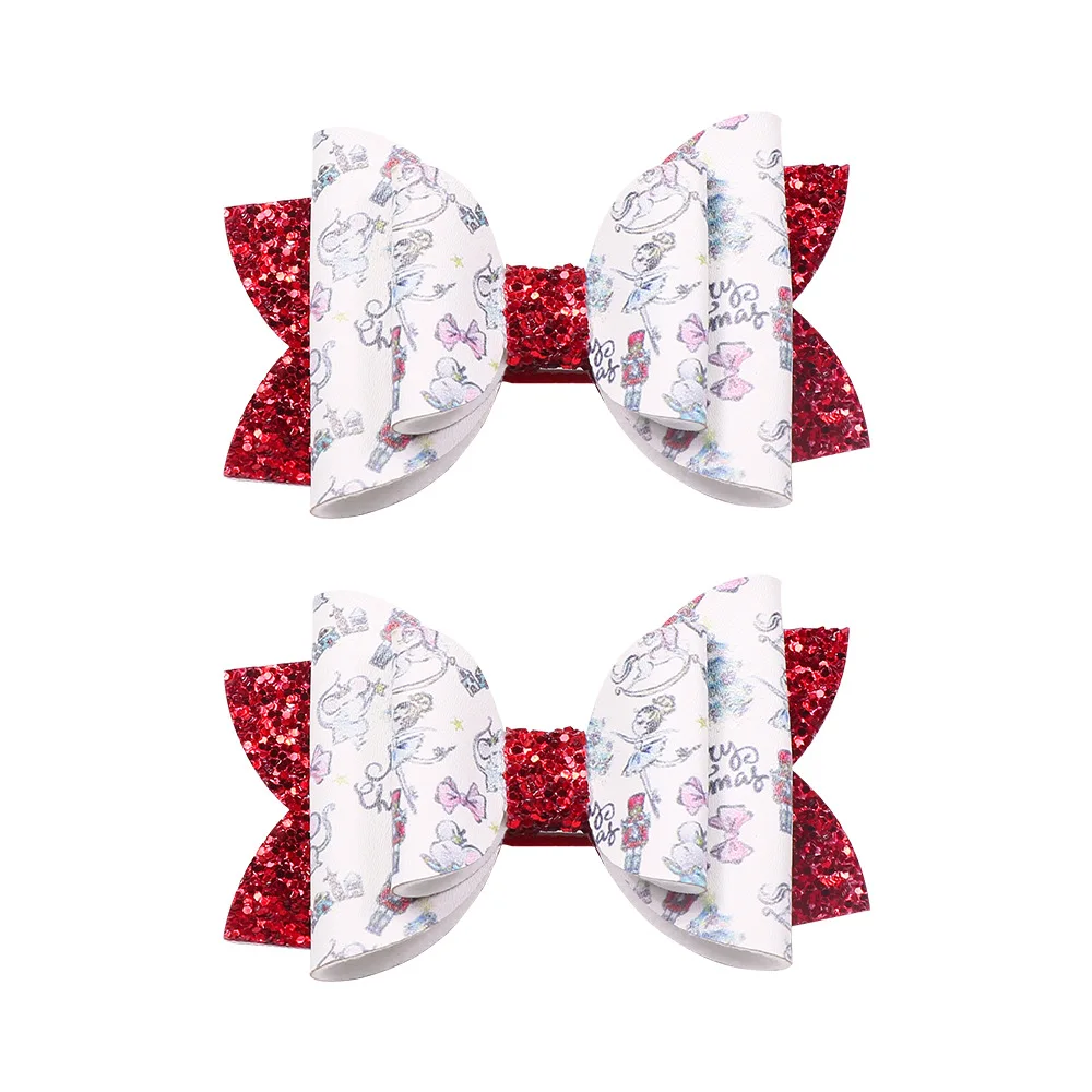 10pcs Glitter Print Bow Hair Clips Bowknot Hairpins Xmas New Year Headwear Boutique Hair Accessories for Girls