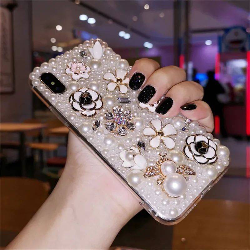Luxury Bling Diamond Rhinestone Pearl Flower Crystal Case, Phone Case for iPhone 16Pro 15Plus, 14, 13, 12 Mini, 11 Pro Max Cover