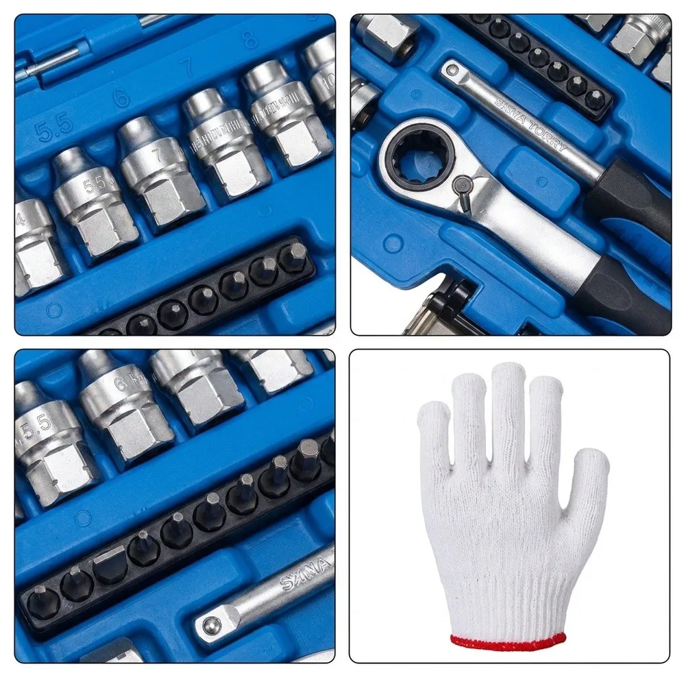 29 Piece Socket Wrench Kit Chrome Vanadium Steel Ratchet Handle 11 Sockets 4.5 to 13mm 10 Bits for Mechanical Workshop