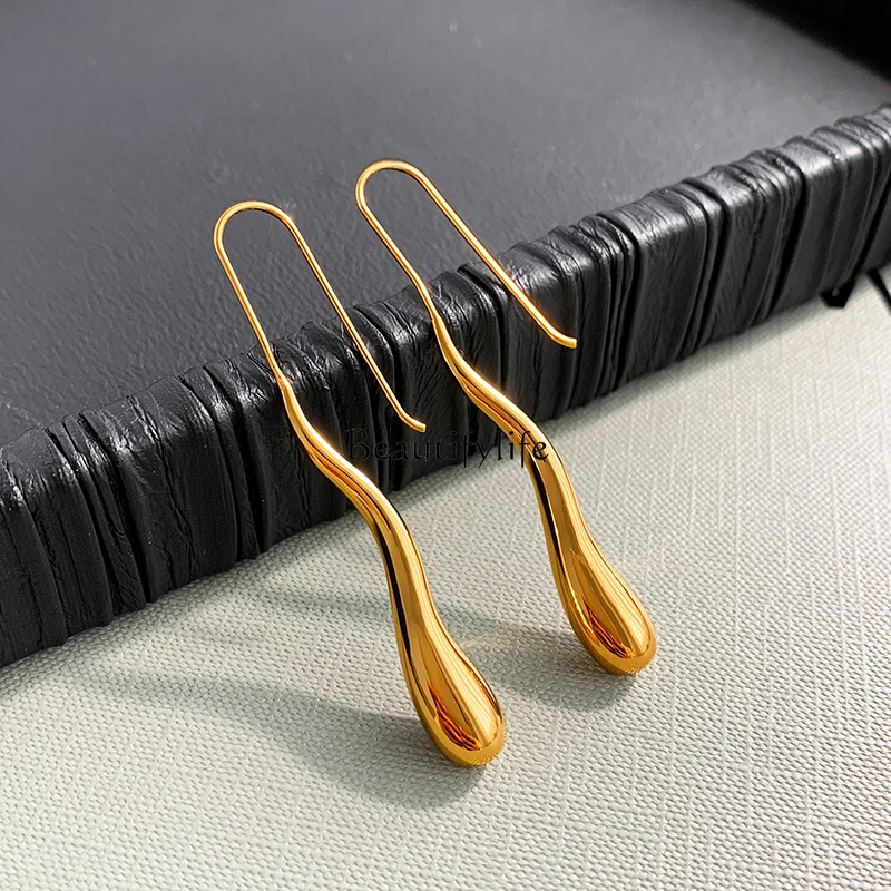 French Gold Water Drop Earrings, High-Grade, Long, Light, Luxury, Temperament, Unique