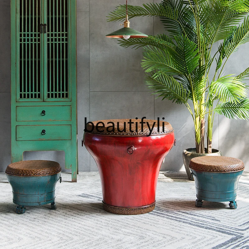 

New Chinese Style Retro Vintage Ornament Flower Pot Drum Coffee Table Drum Round Kung Fu Tea