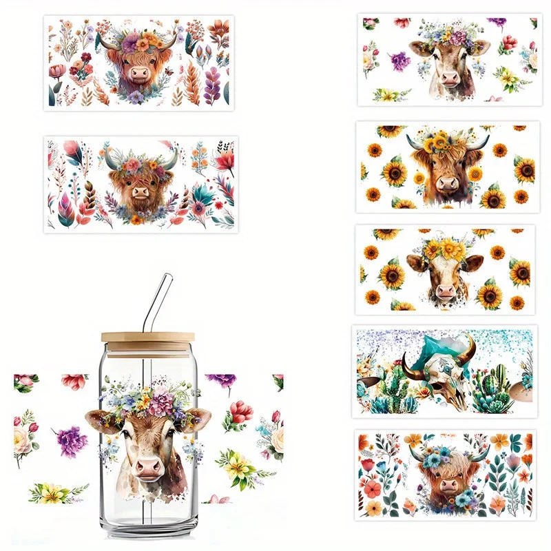 4PCS Cup Packaging Transfer Stickers, Highland Cow Flower Sunflower, Butterfly Flower Cow, Cow Print Friction Transfer Stickers