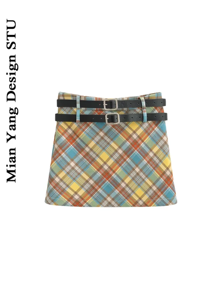 

Retro High Waist Sweet Diamond id A-Line Skirt Double Belt Color Blo ort Skirt Women's Spring Summer Faion f-lengt...